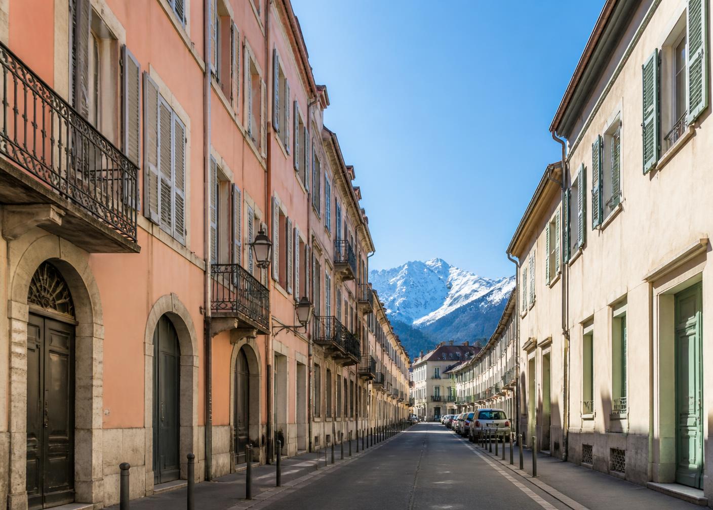 Rue résidentielle de Grenoble avec les montagnes en arrière-plan